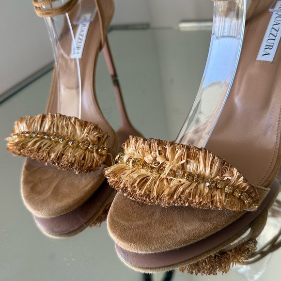 Like new AQUAZZURA SUEDE LEATHER ISLA SANDALS WITH RHINESTONED RAFFIA DETAIL - Picture 5 of 12